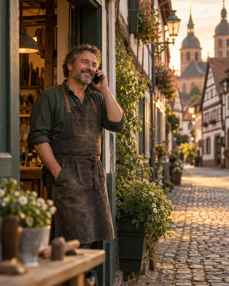 Handwerker telefoniert lächelnd vor seiner Werkstatt in einer Fachwerkgasse