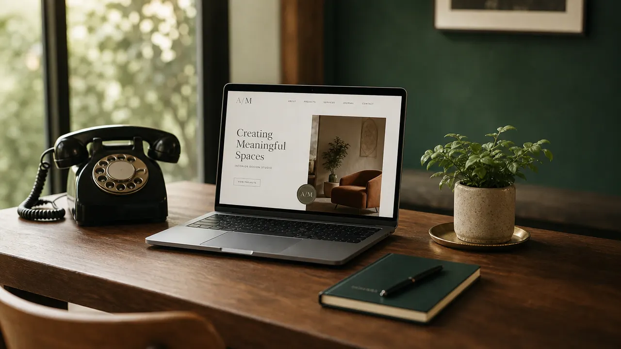 Moderner Schreibtisch mit Laptop, Website-Entwurf und Telefon
