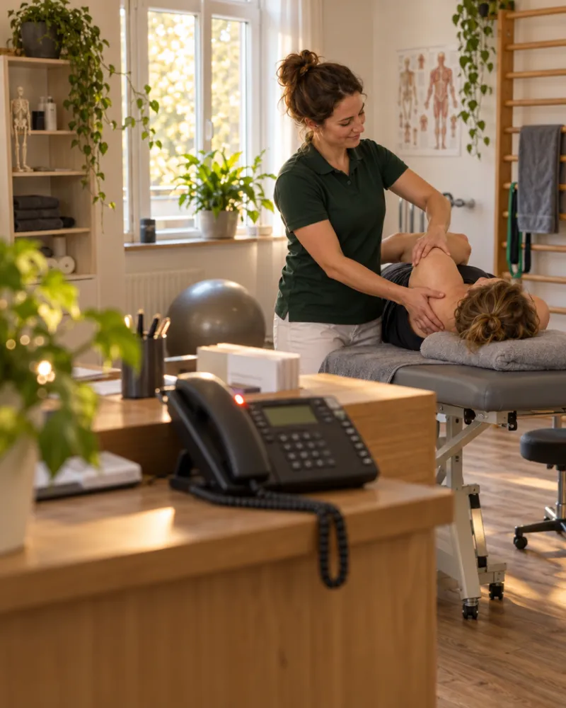 Physiotherapeutin behandelt eine Patientin, im Vordergrund klingelt das Telefon